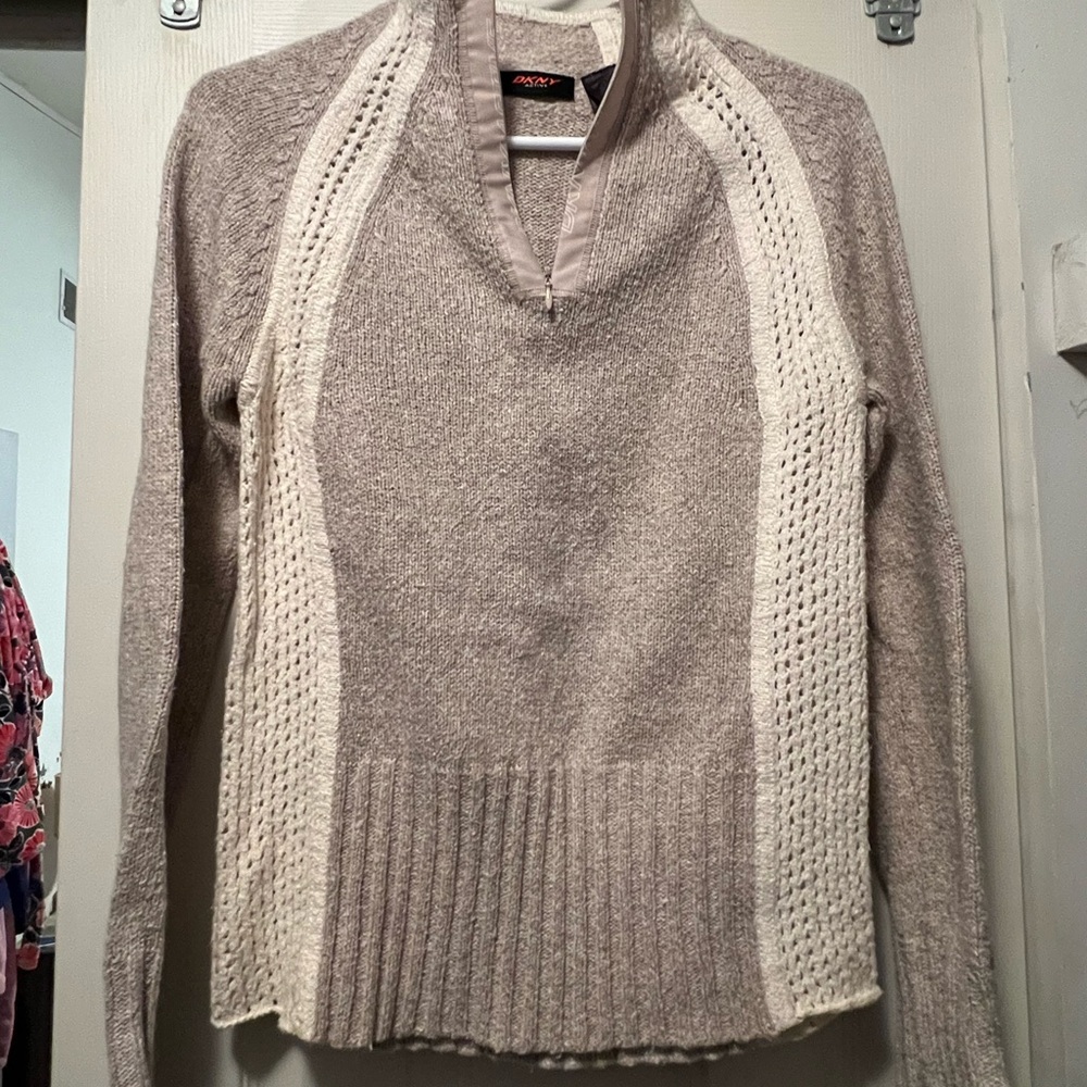 DKNY active Beige and Cream quarter zip Sweater small.  crochet side panels
